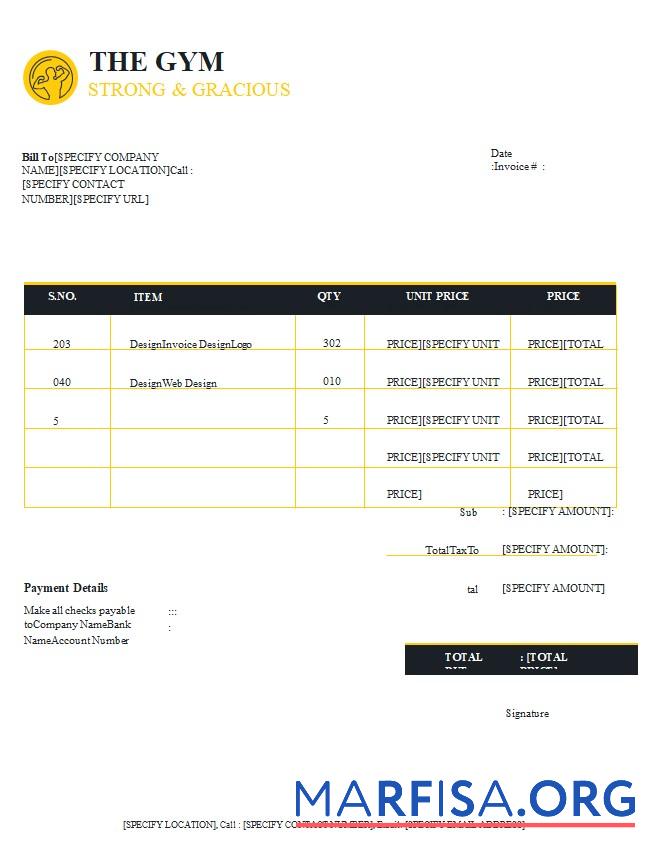 Printable Free Gym Invoice Template